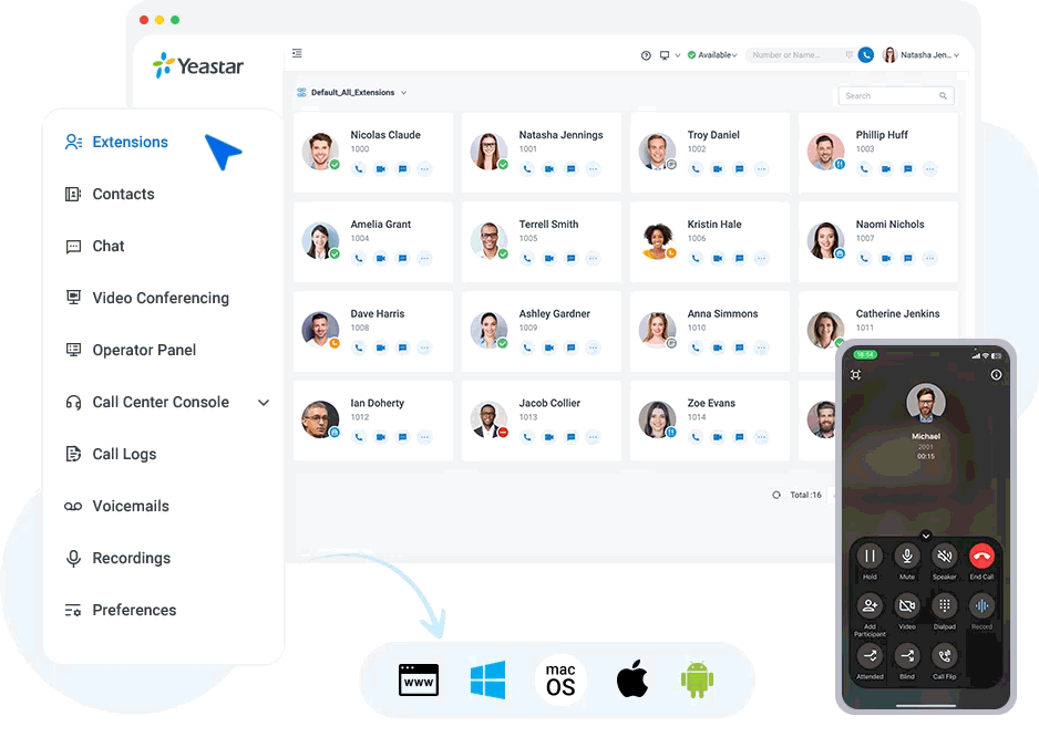 Interface oficial do Linkus Yeastar no navegador e no celular